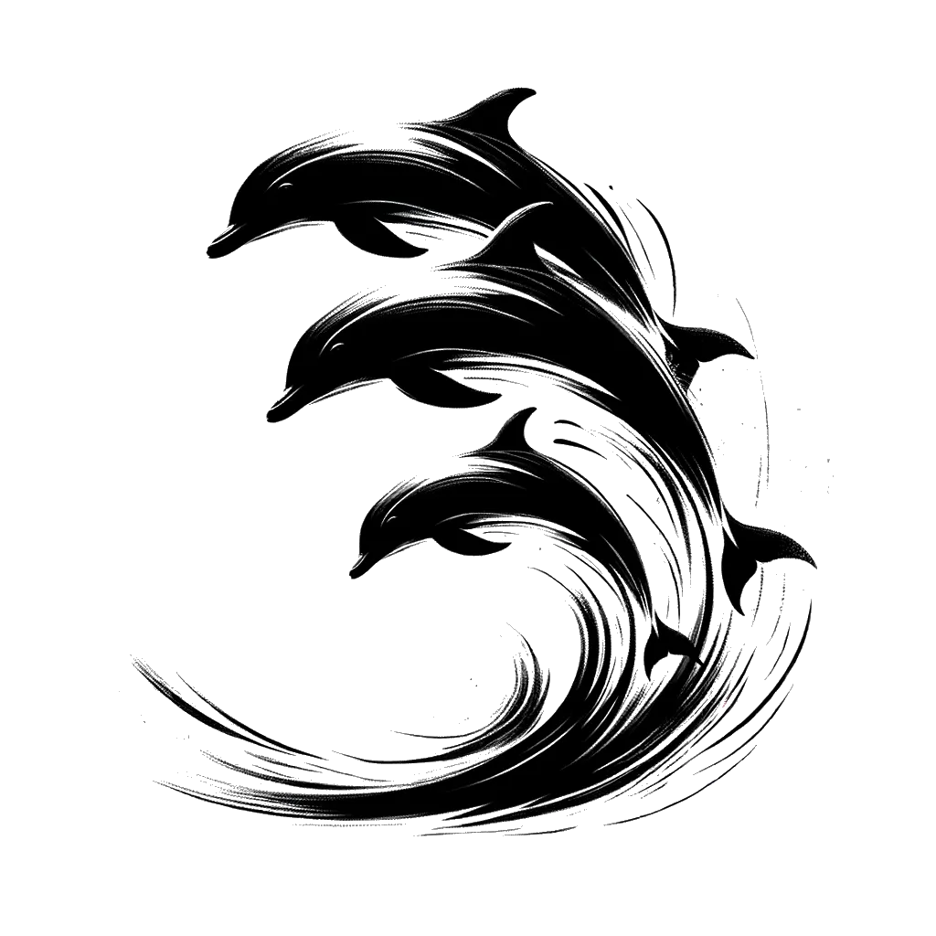un dibujo de un grupo de delfines saltando juntos fuera del agua representando el tema de Aventura en blanco y negro.
