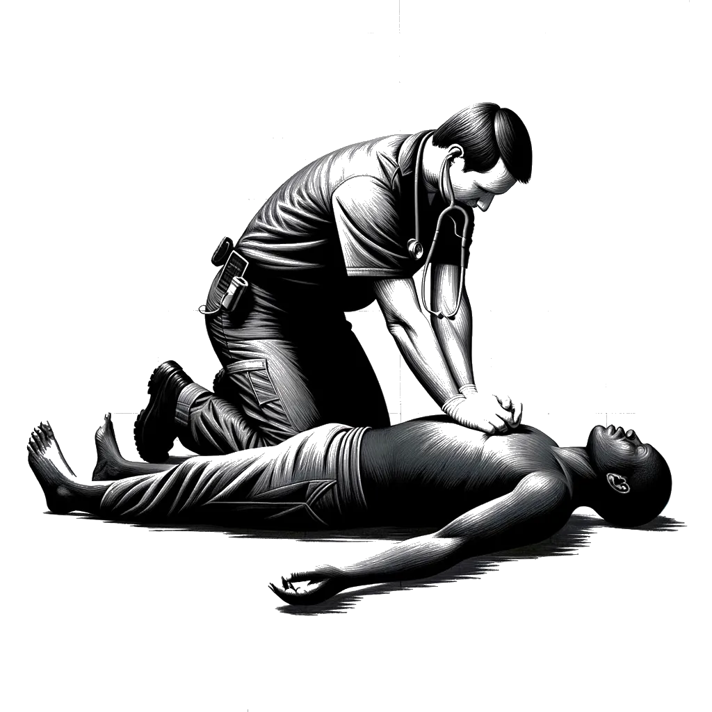 un dibujo de un paramédico blanco realizando la reanimación boca a boca representando el tema de Avivamiento en blanco y negro.
