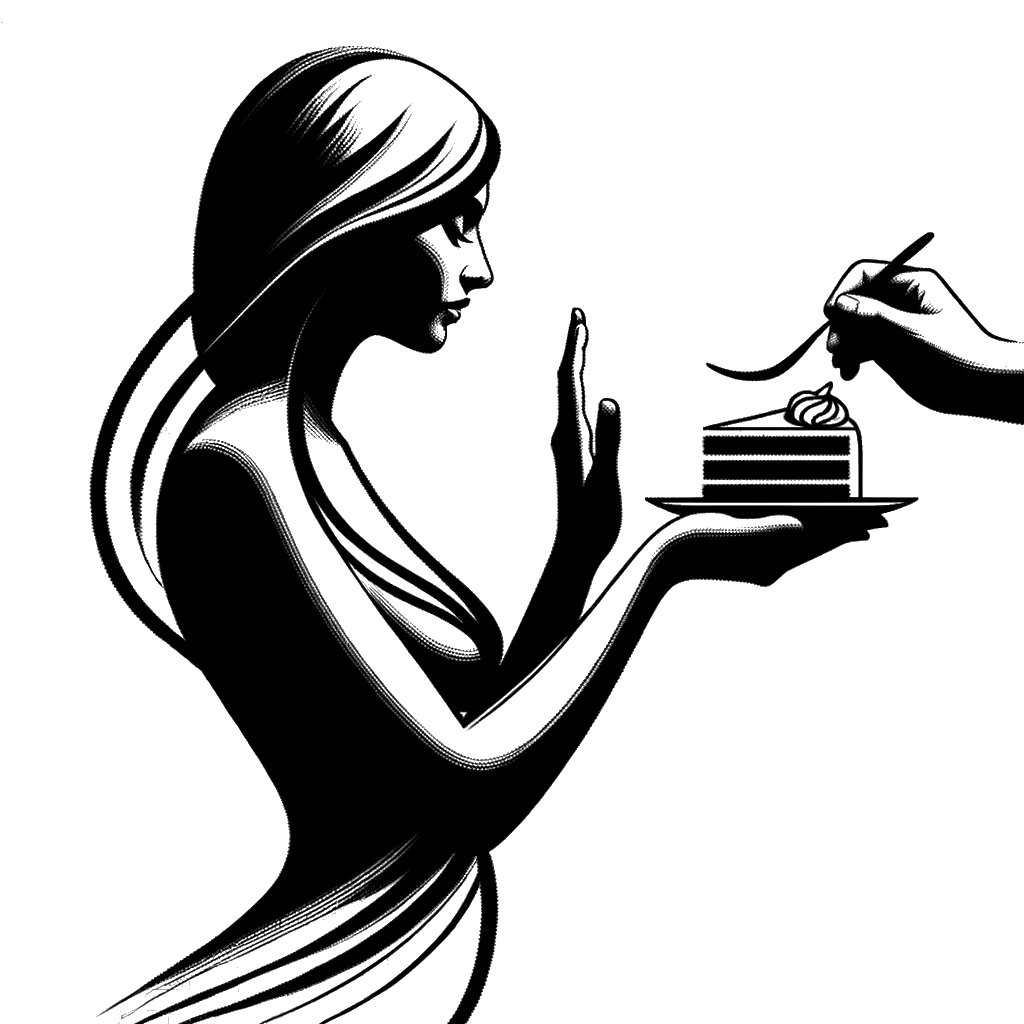 un dibujo de una mujer diciendo que no a una rebanada de pastel representando el tema de Ayuno en blanco y negro.