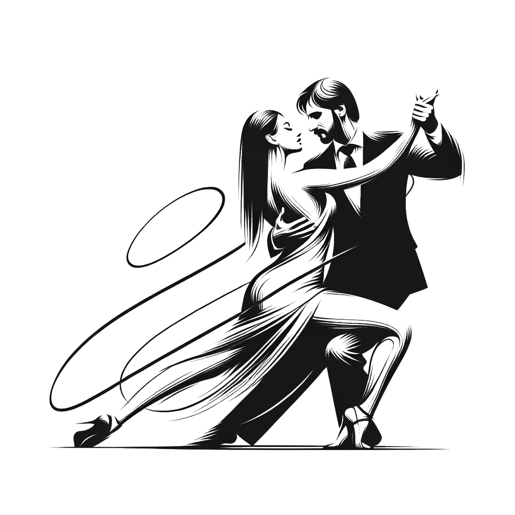 un dibujo de una pareja bailando tango representando el tema de Bailando en blanco y negro.