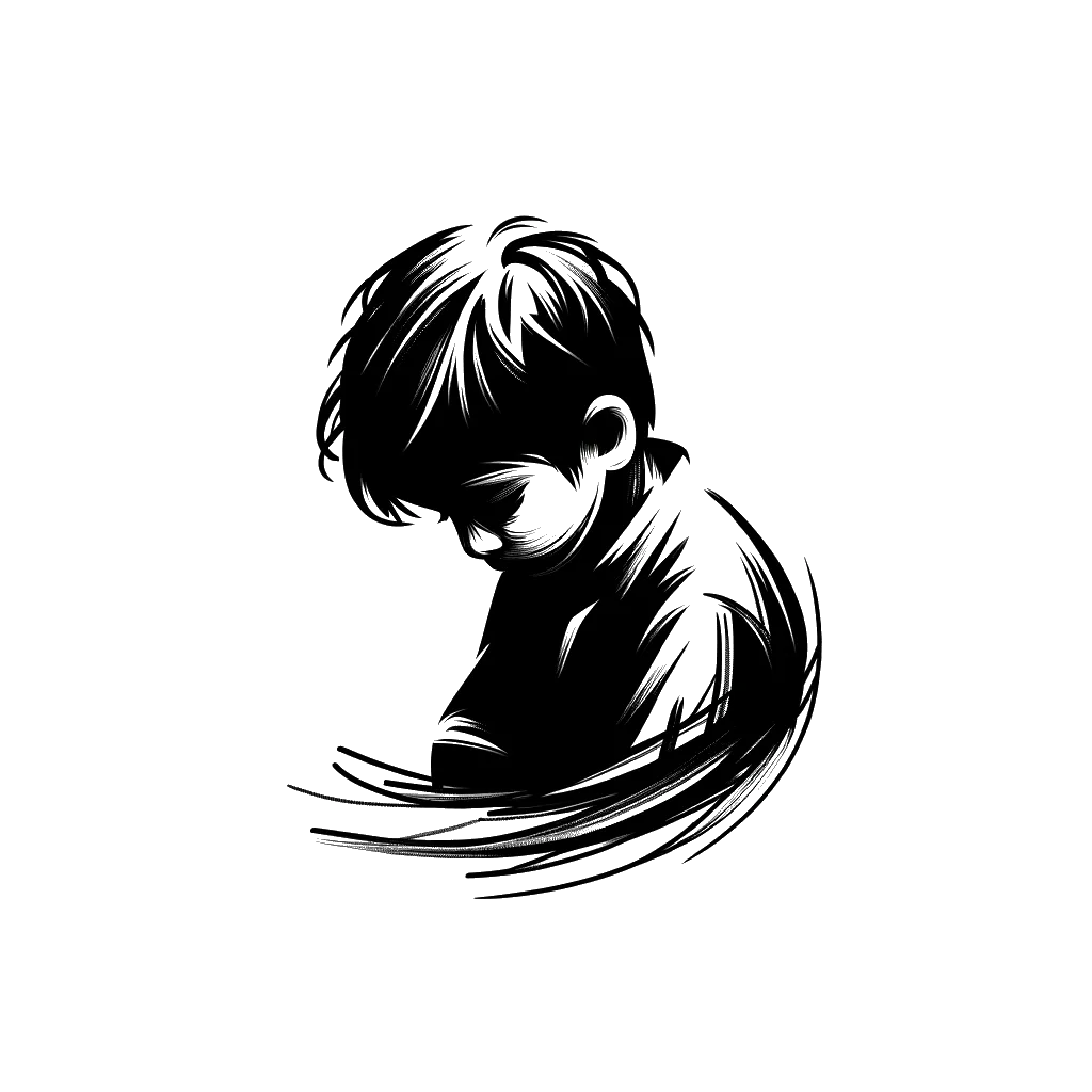 un dibujo de un niño con la cabeza gacha y aspecto infeliz representando el tema de Baja Autoestima en blanco y negro.