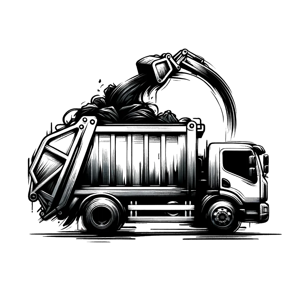 un dibujo de un camión de recolección de basura recogiendo basura representando el tema de Basura en blanco y negro.