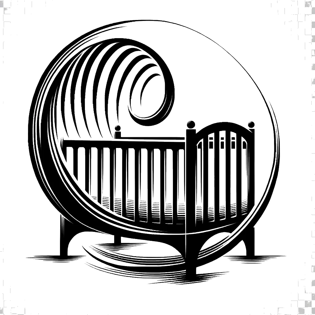 un dibujo de una cuna de bebé en negro y blanco representando el tema de Bebé en blanco y negro.