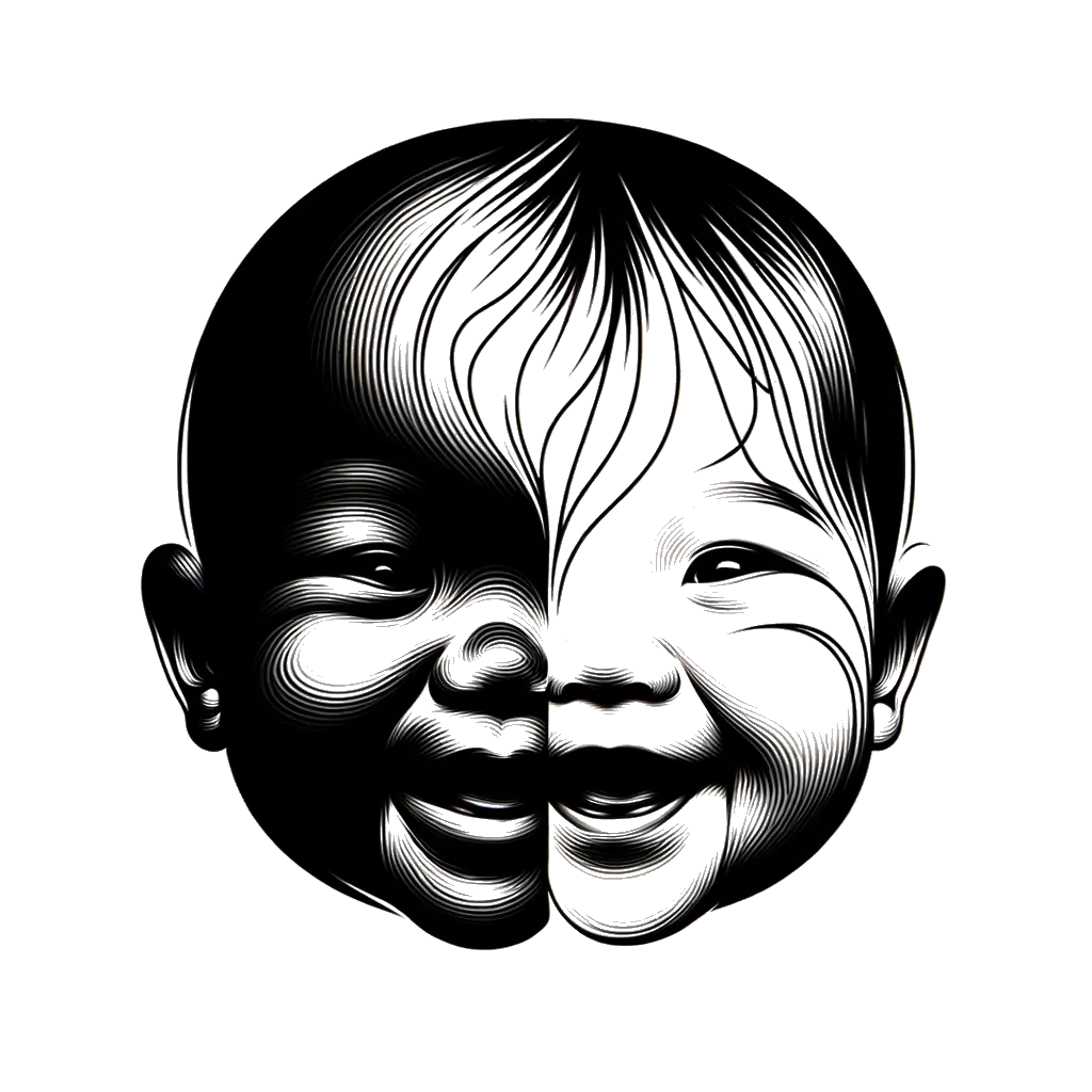 un dibujo de dos rostros de bebé artísticamente combinados en blanco y negro representando el tema de Bebés en blanco y negro.