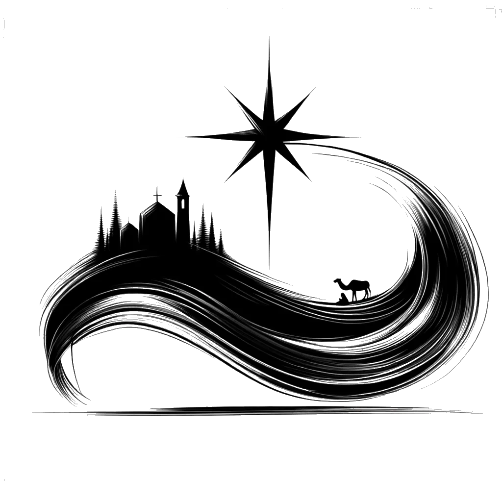 un dibujo de una estrella brillando sobre Belén en blanco y negro representando el tema de Belén en blanco y negro.