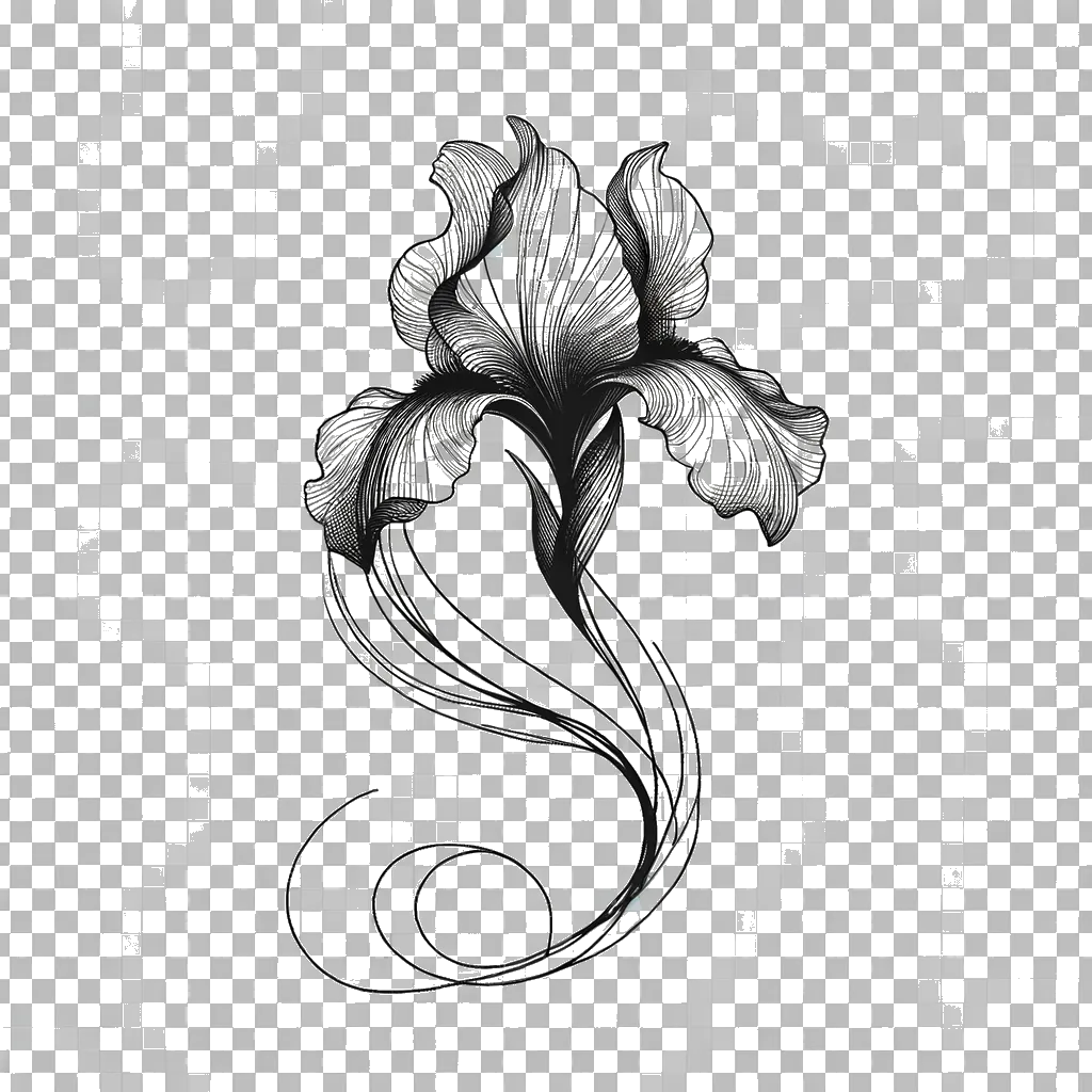 un dibujo de una flor de iris en azul y blanco representando el tema de Belleza en blanco y negro.