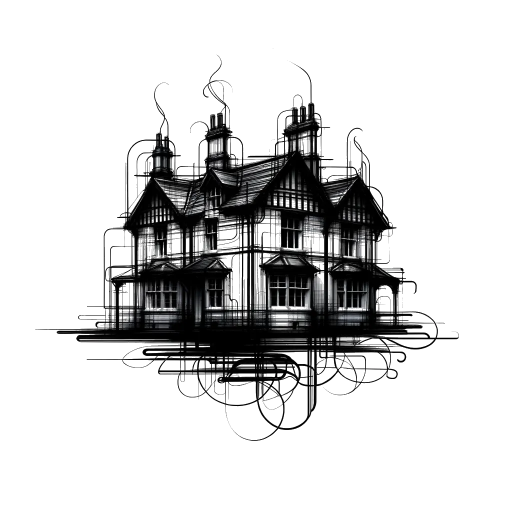 un dibujo de una casa señorial británica representando el tema de Bienes Raíces en blanco y negro.