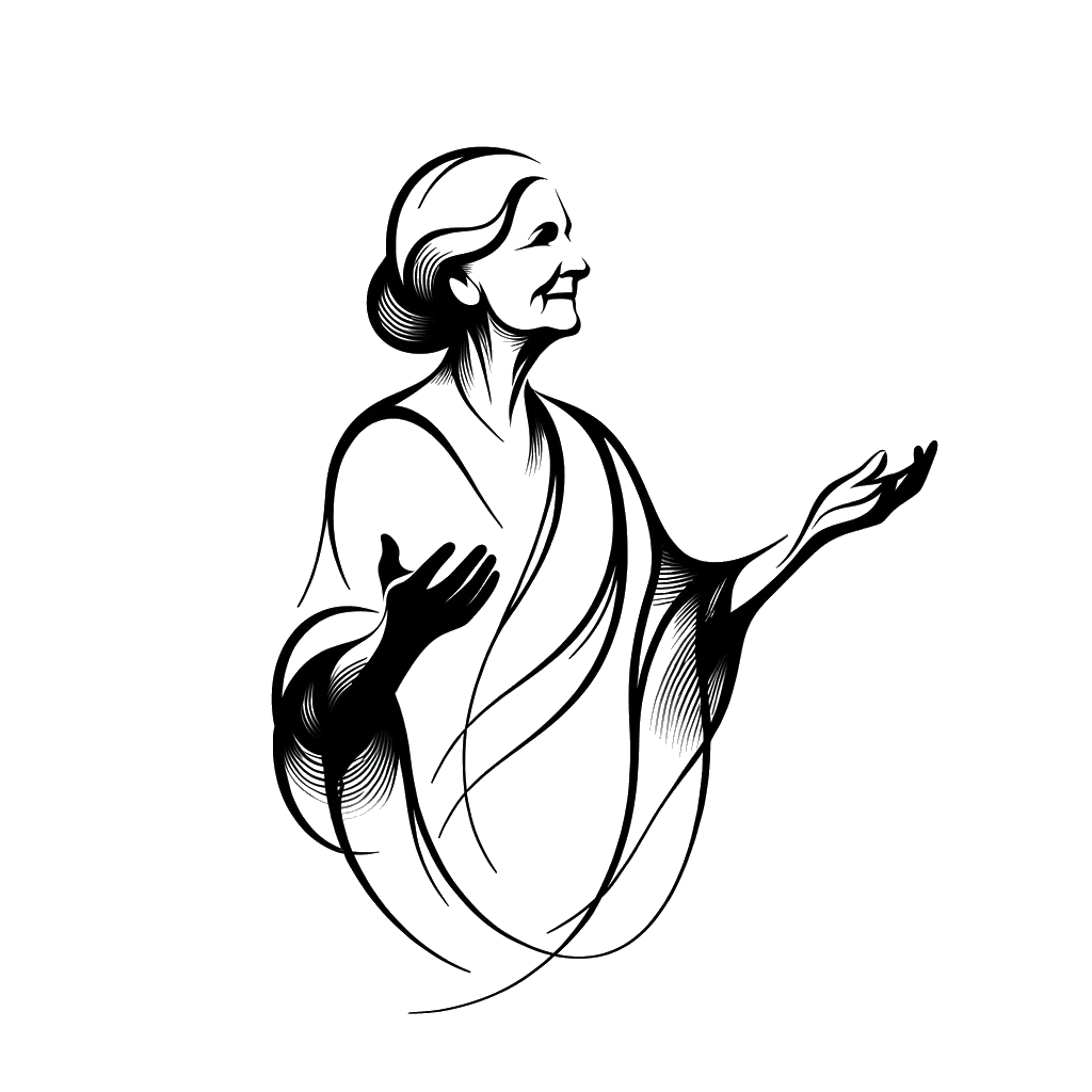 un dibujo de una mujer mayor con los brazos abiertos representando el tema de Bienvenida en blanco y negro.