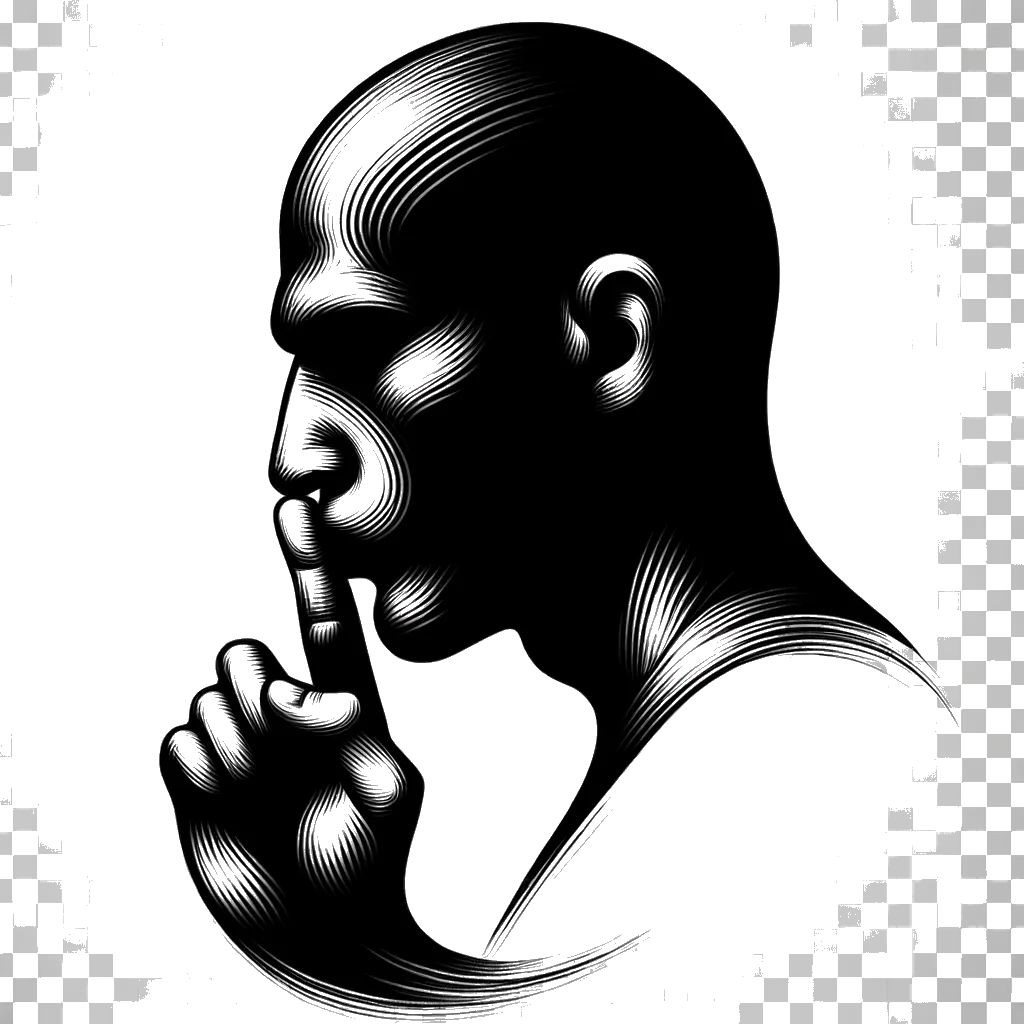 un dibujo de un hombre sosteniendo cuatro dedos sobre los labios para simbolizar la blasfemia en blanco y negro representando el tema de Blasfemia en blanco y negro.