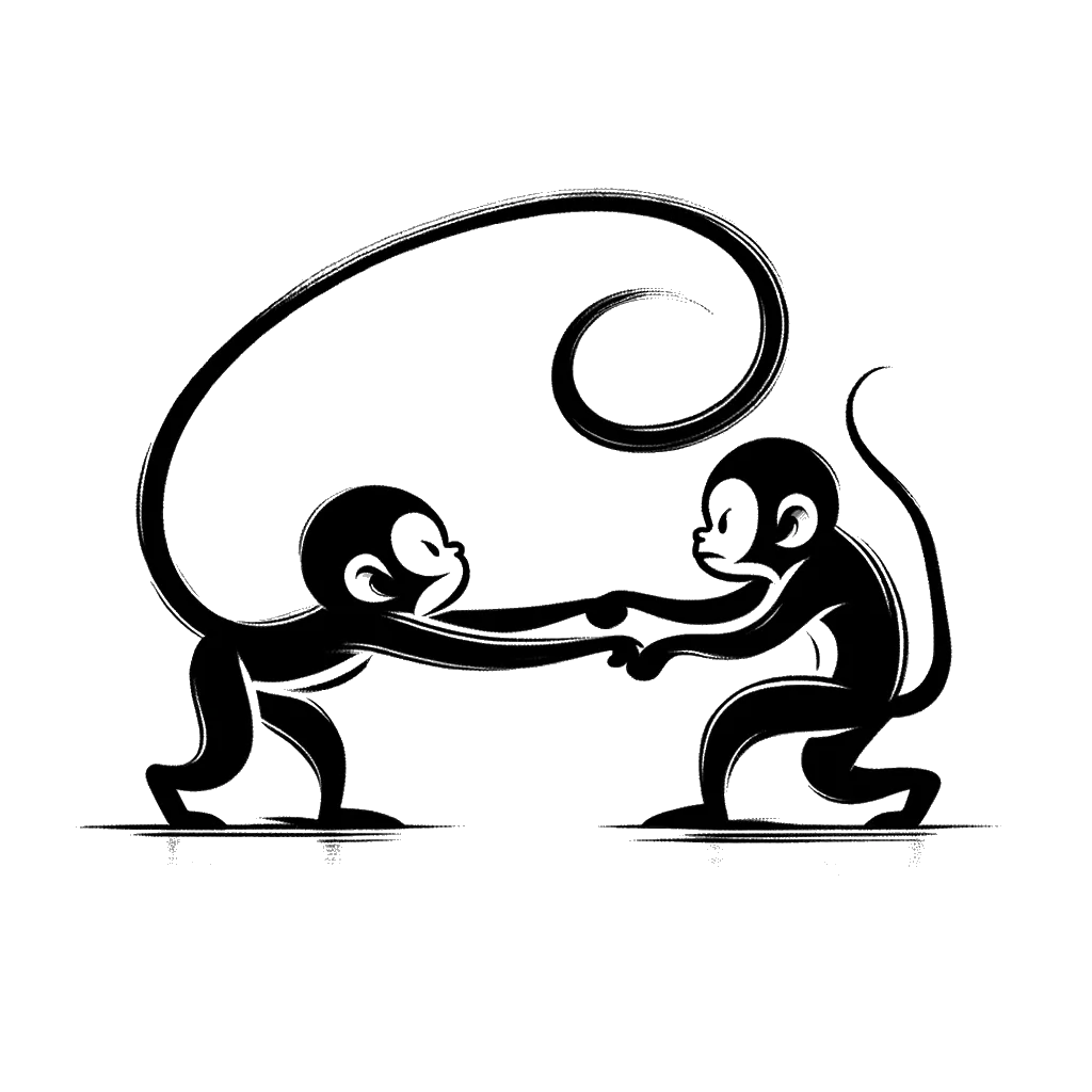 un dibujo de un mono juguetón tirando de la cola de un mono enojado desde atrás representando el tema de Burlarse en blanco y negro.