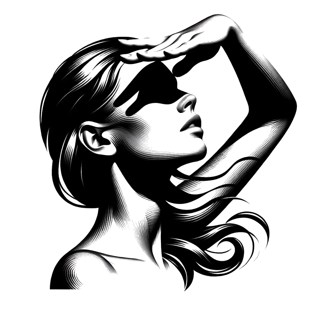 un dibujo de una mujer protegiendo sus ojos del sol para poder ver representando el tema de Buscando en blanco y negro.