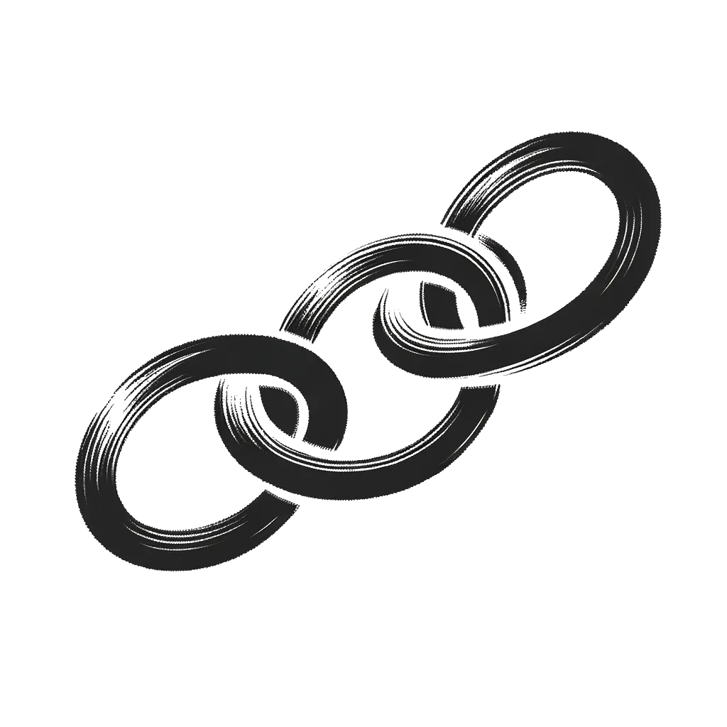un dibujo de 3 eslabones de cadena enlazándose entre sí. representando el tema de Cadenas en blanco y negro.