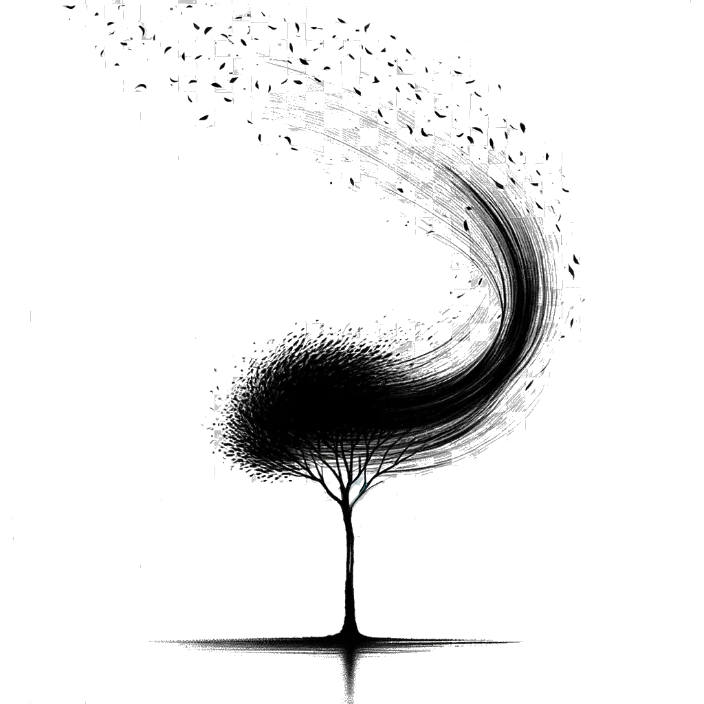 un dibujo de un árbol con sus hojas siendo arrastradas por el viento en otoño representando el tema de Caída en blanco y negro.