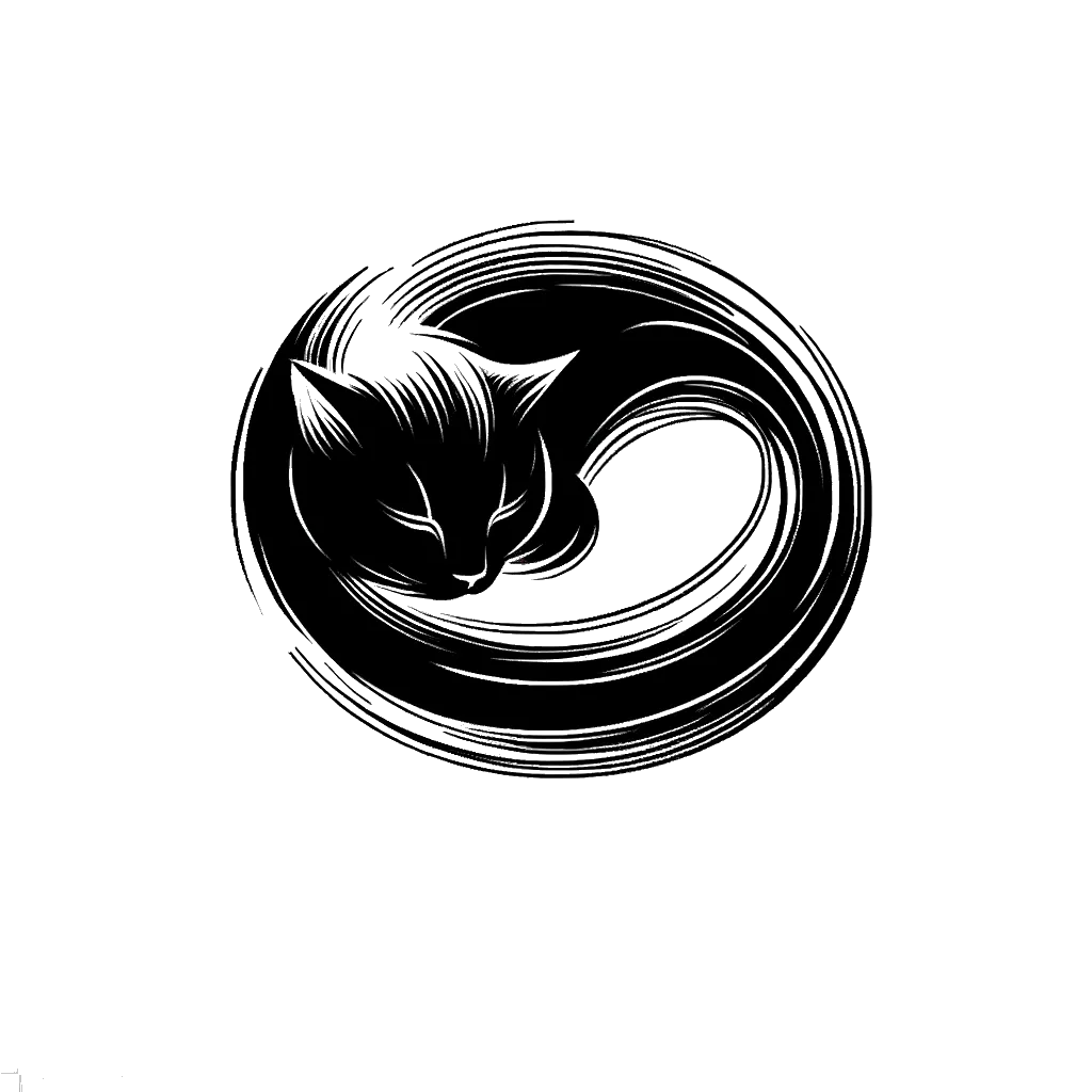 un dibujo de un gato durmiendo representando el tema de Calma en blanco y negro.
