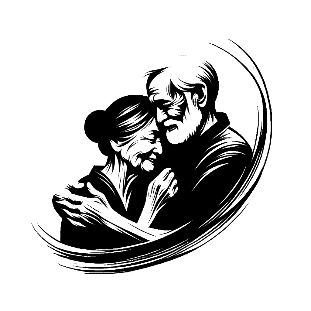 un dibujo de un hombre mayor con el brazo alrededor de una mujer mayor representando el tema de Camaradería en blanco y negro.