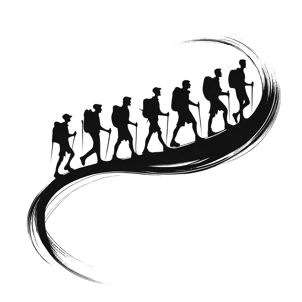 un dibujo de un grupo de excursionistas representando el tema de Caminando en blanco y negro.