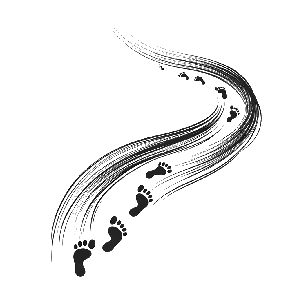 un dibujo de huellas a lo largo de un camino representando el tema de Camino en blanco y negro.