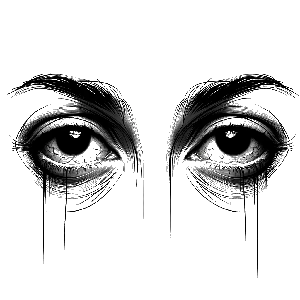 un dibujo de ojos extremadamente cansados con ojeras y bolsas debajo de los ojos representando el tema de Cansado en blanco y negro.