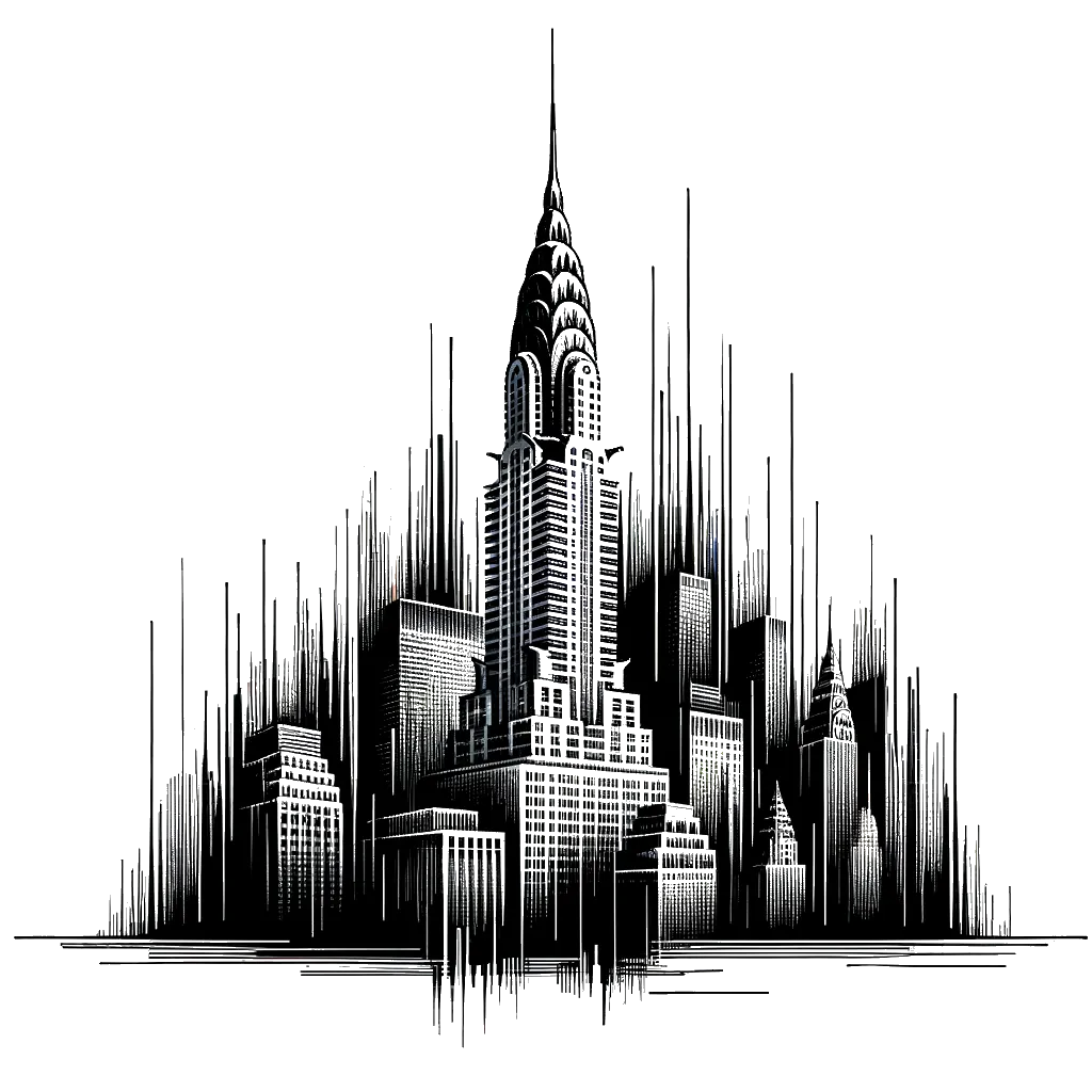 un dibujo de El edificio Chrysler representando el tema de Capitalismo en blanco y negro.