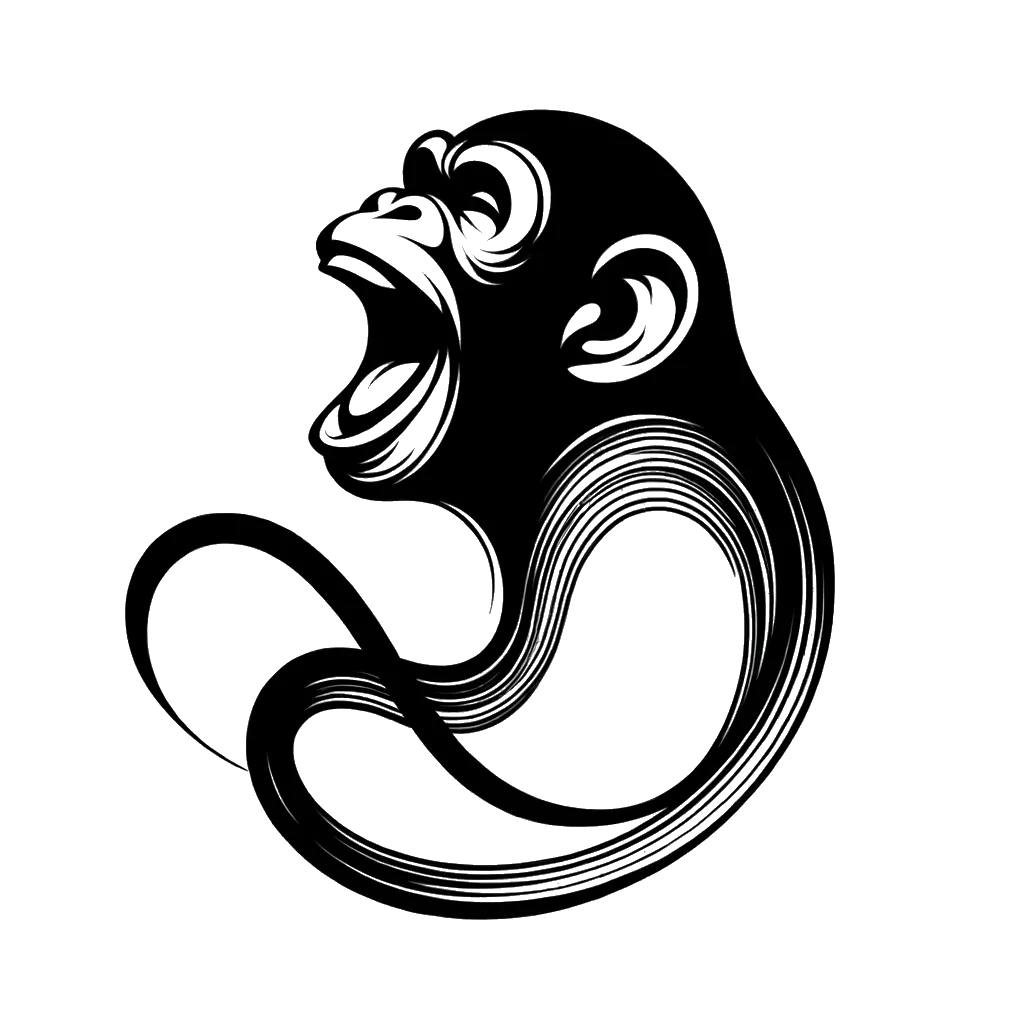 un dibujo de un chimpancé riendo representando el tema de Carácter en blanco y negro.