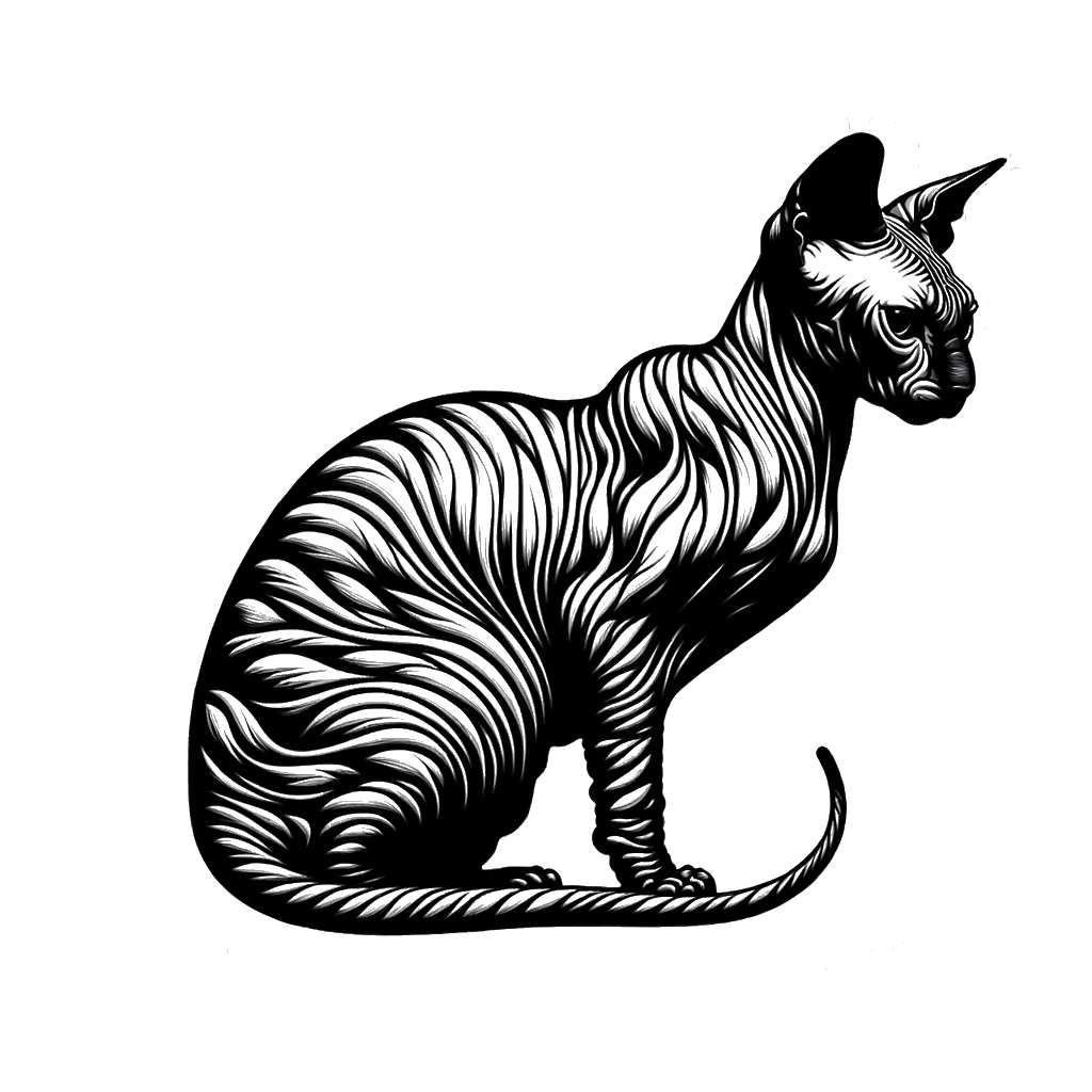 un dibujo de un gato esfinge de cara arrugada representando el tema de Carne en blanco y negro.