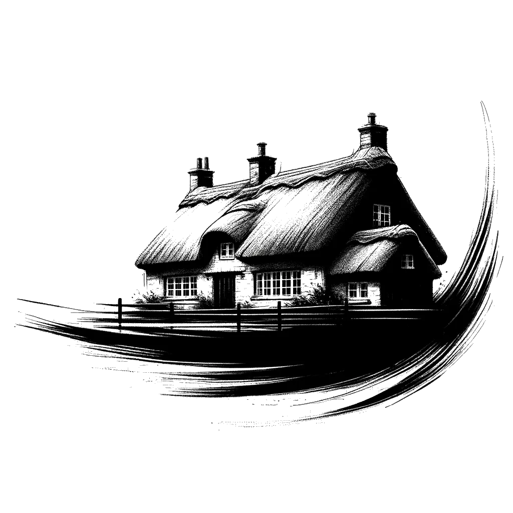 un dibujo de una acogedora cabaña inglesa con techo de paja representando el tema de Casas en blanco y negro.