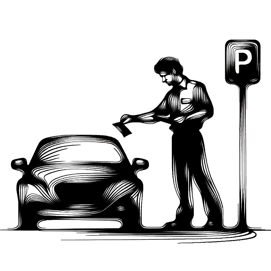 un dibujo de un controlador de estacionamiento colocando una multa en un coche representando el tema de Castigo en blanco y negro.