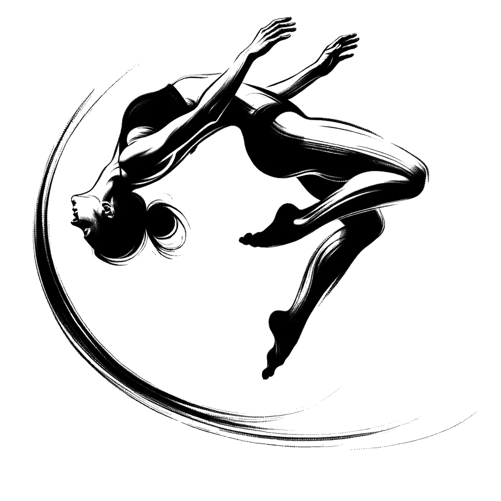 un dibujo de una saltadora de altura femenina aterrizando después de un salto representando el tema de Cayendo en blanco y negro.