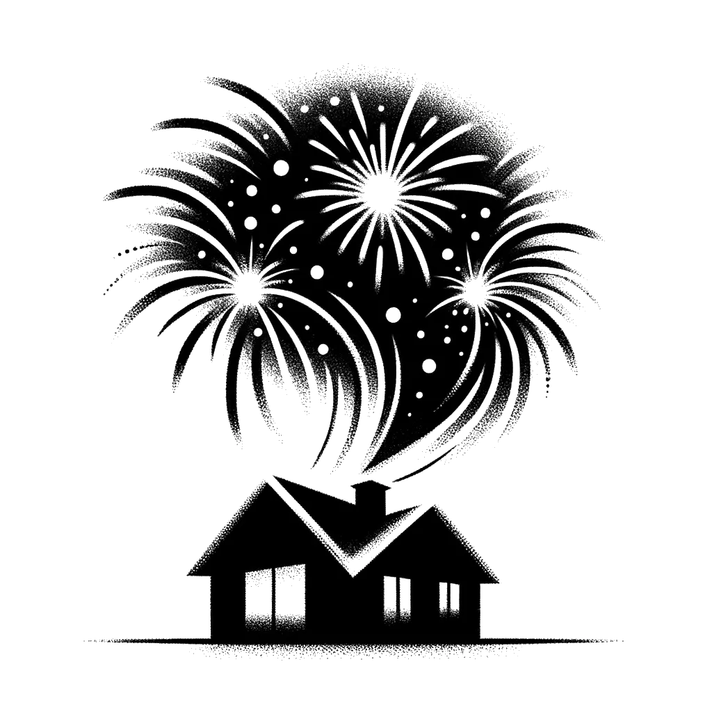 un dibujo de fuegos artificiales explotando sobre una casa representando el tema de Celebración en blanco y negro.
