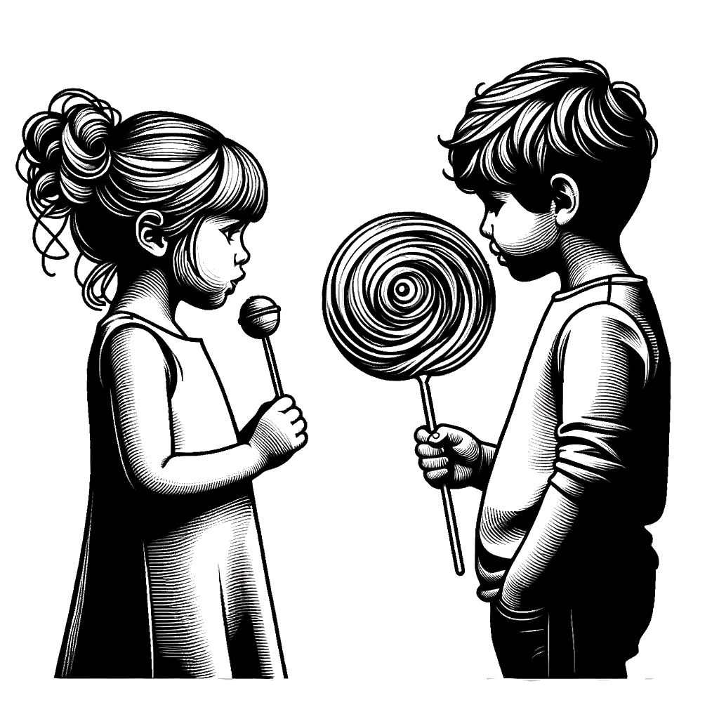 un dibujo de un niño con un pequeño chupete mirando a un niño con un chupete gigante representando el tema de Celos en blanco y negro.