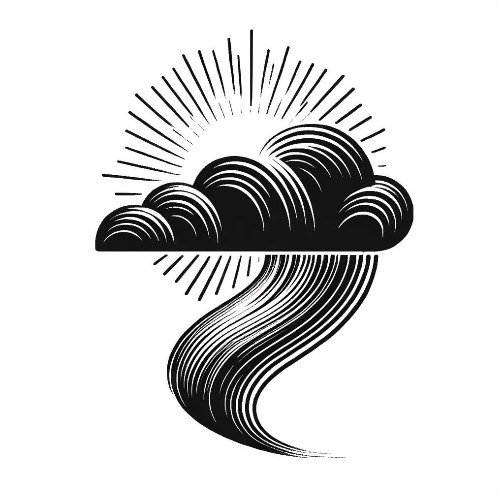 un dibujo de una nube con rayos de sol brillando a través representando el tema de Cielos en blanco y negro.