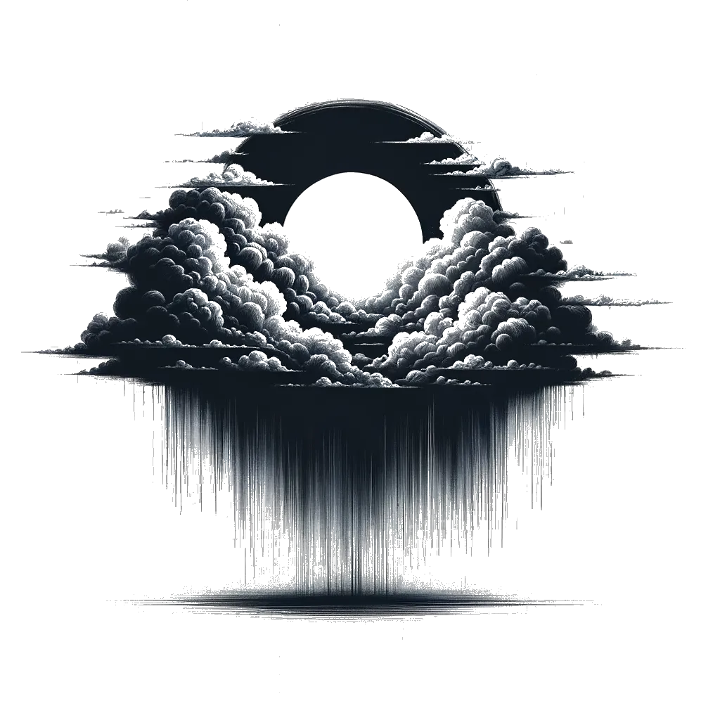 un dibujo de sol apareciendo entre nubes de lluvia tormentosa representando el tema de Clima en blanco y negro.