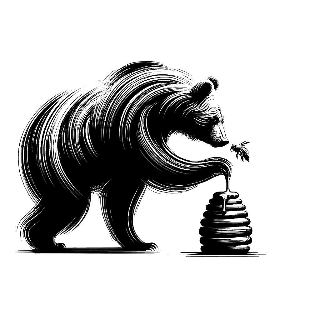 un dibujo de oso robando miel de una colmena representando el tema de Codicia en blanco y negro.
