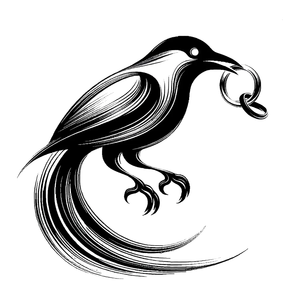 un dibujo de una urraca llevando un anillo de plata representando el tema de Codiciando en blanco y negro.