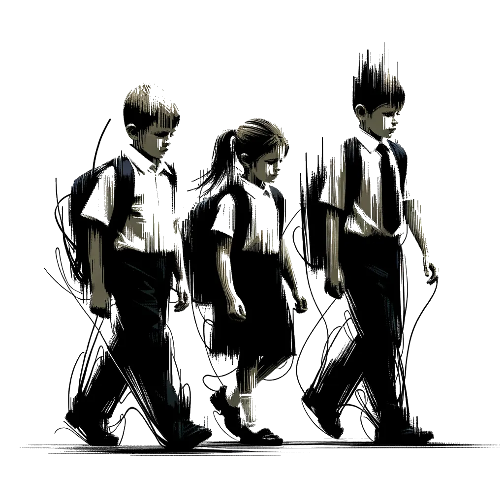 un dibujo de tres niños jóvenes caminando hacia la escuela uniformados representando el tema de Colegio en blanco y negro.