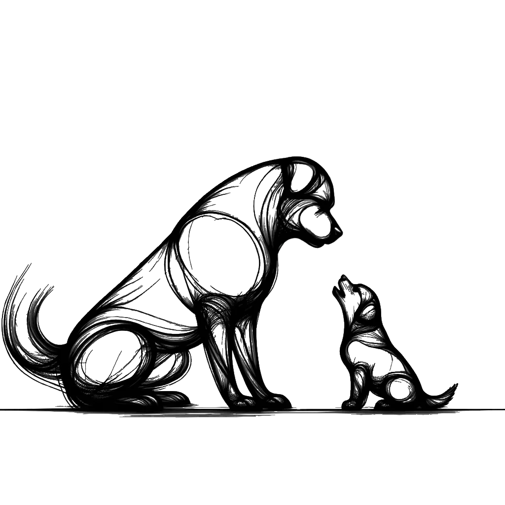 un dibujo de un perro pequeño ladrando a un perro más grande sentado representando el tema de Cómo Defenderse a sí Mismo en blanco y negro.