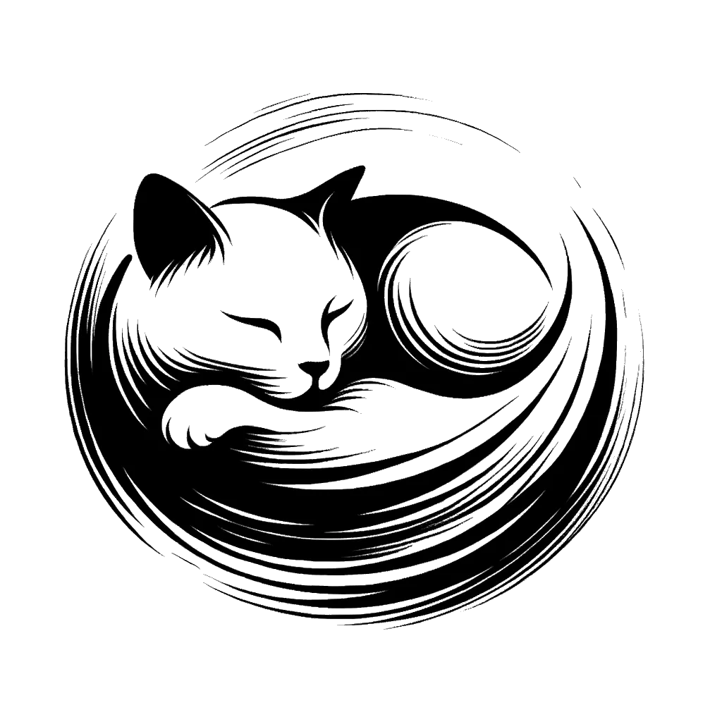 un dibujo de un gato durmiendo y luciendo muy cómodo representando el tema de Comodidad en blanco y negro.