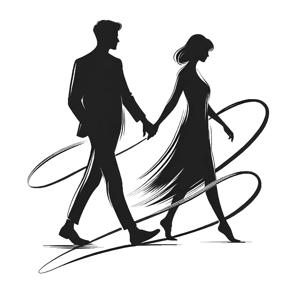 un dibujo de una pareja occidental caminando con los brazos entrelazados representando el tema de Compañerismo en blanco y negro.