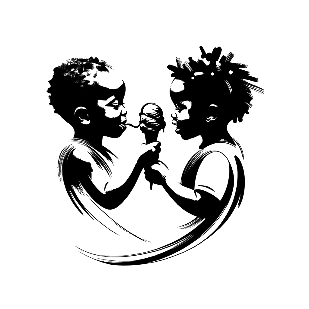 un dibujo de dos niños compartiendo un helado representando el tema de Compartir en blanco y negro.