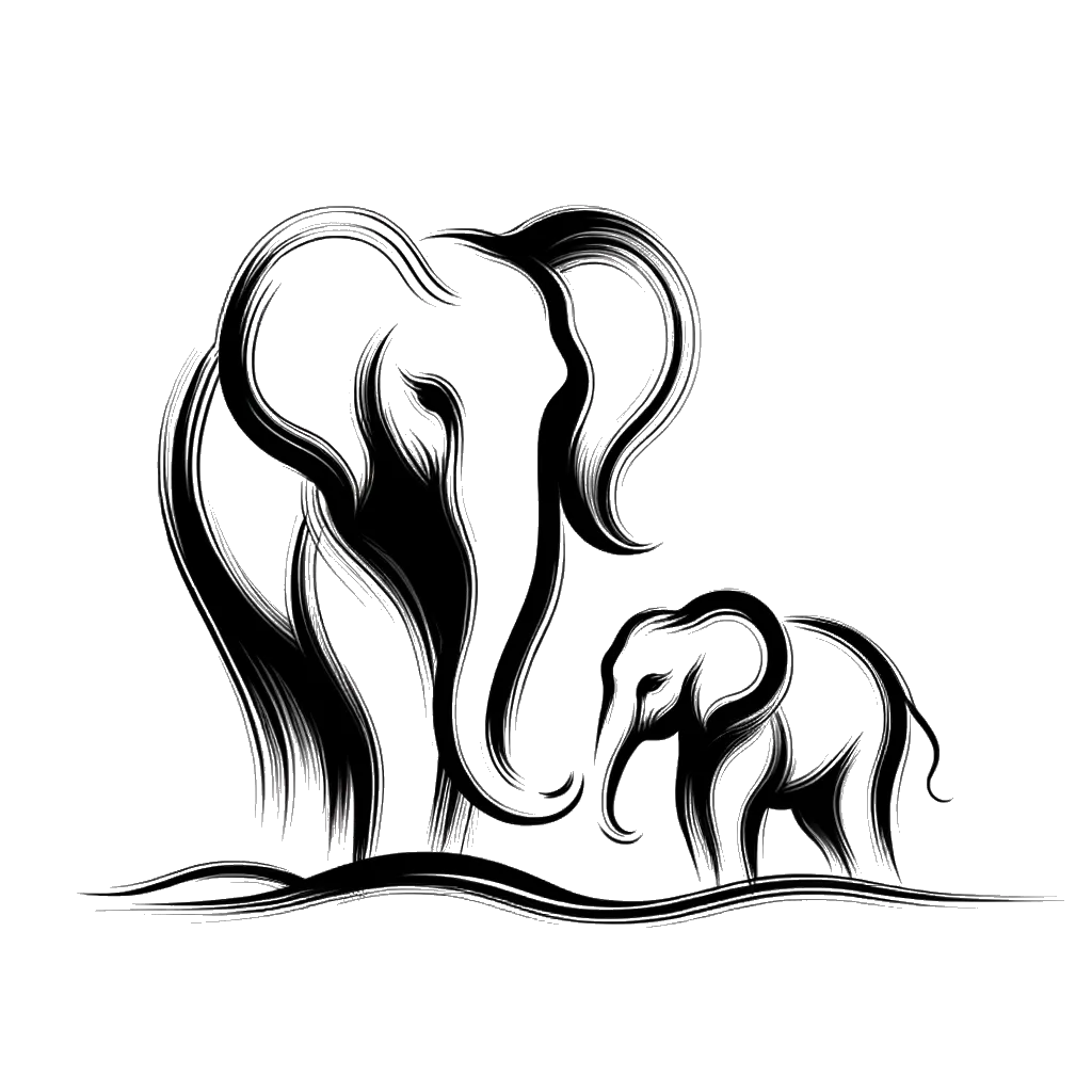 un dibujo de un elefante con un elefante bebé representando el tema de Compasión en blanco y negro.