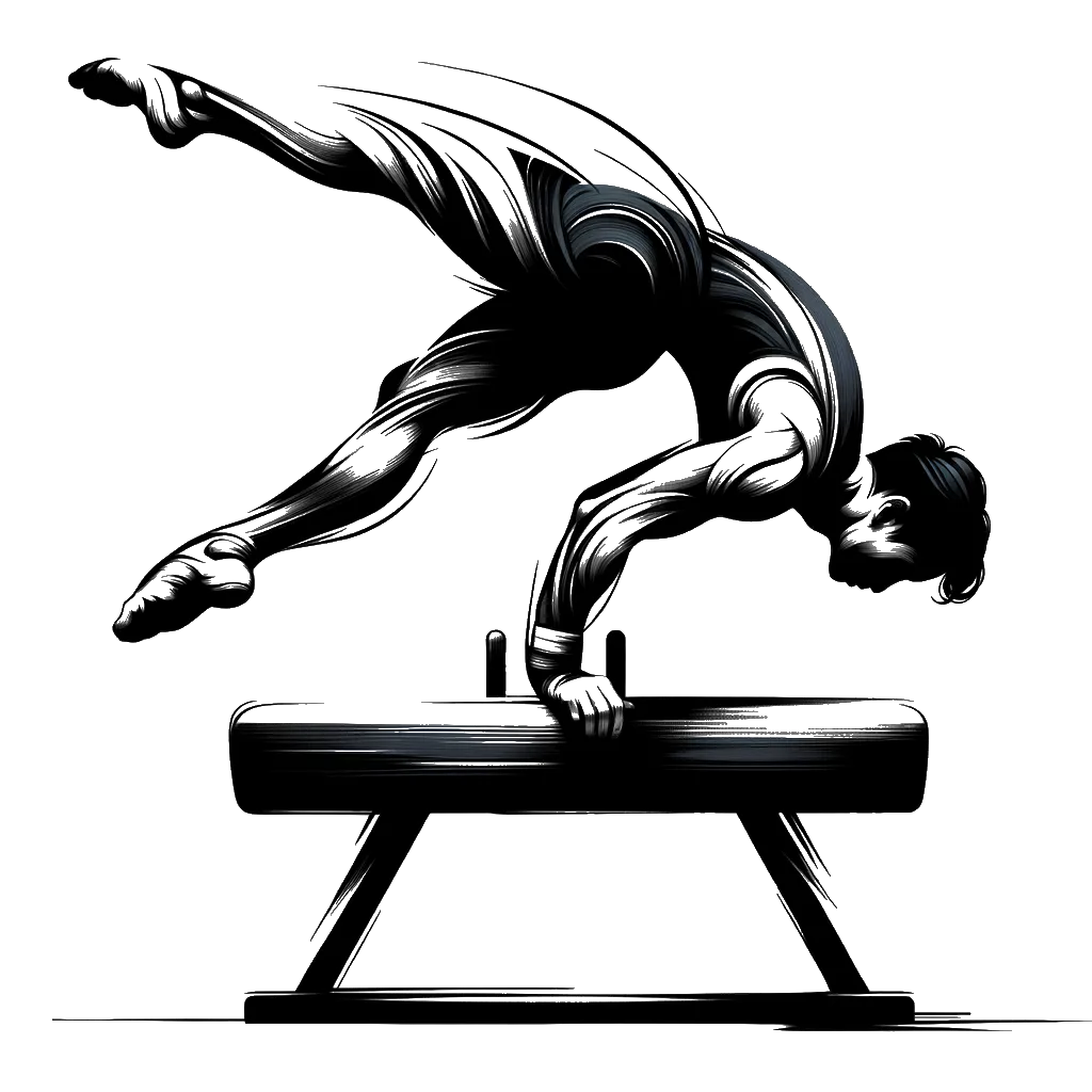 un dibujo de un gimnasta masculino en caballo con arcos representando el tema de Competencia en blanco y negro.