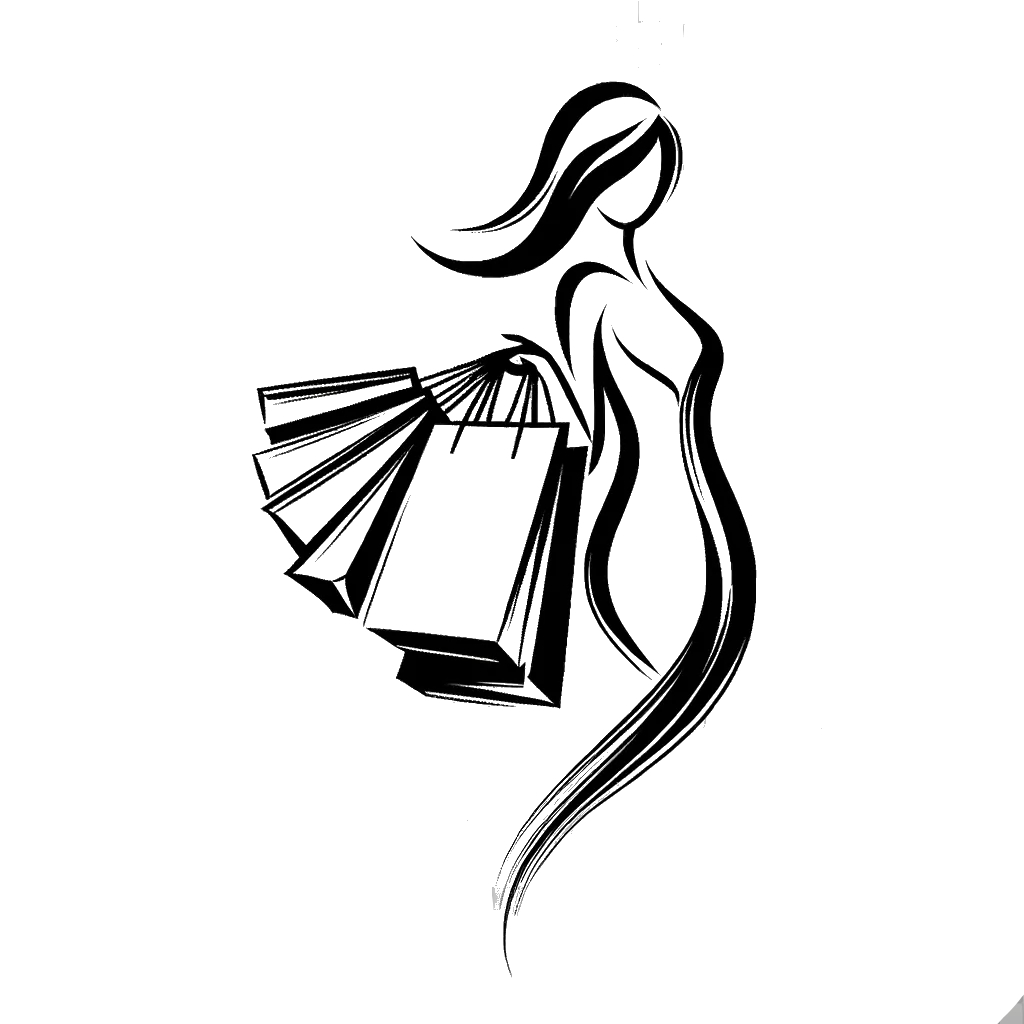 un dibujo de una mujer cargada de bolsas de compras representando el tema de Compras en blanco y negro.