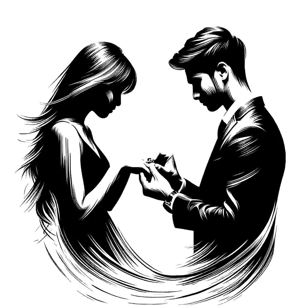 un dibujo de un joven poniendo un anillo en el dedo de una joven representando el tema de Compromiso Matrimonial en blanco y negro.