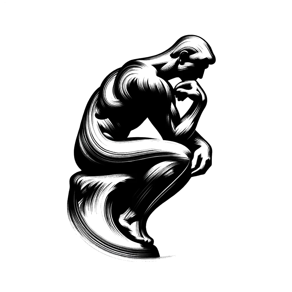 un dibujo de una estatua del pensador vista lateral representando el tema de Concentración en blanco y negro.