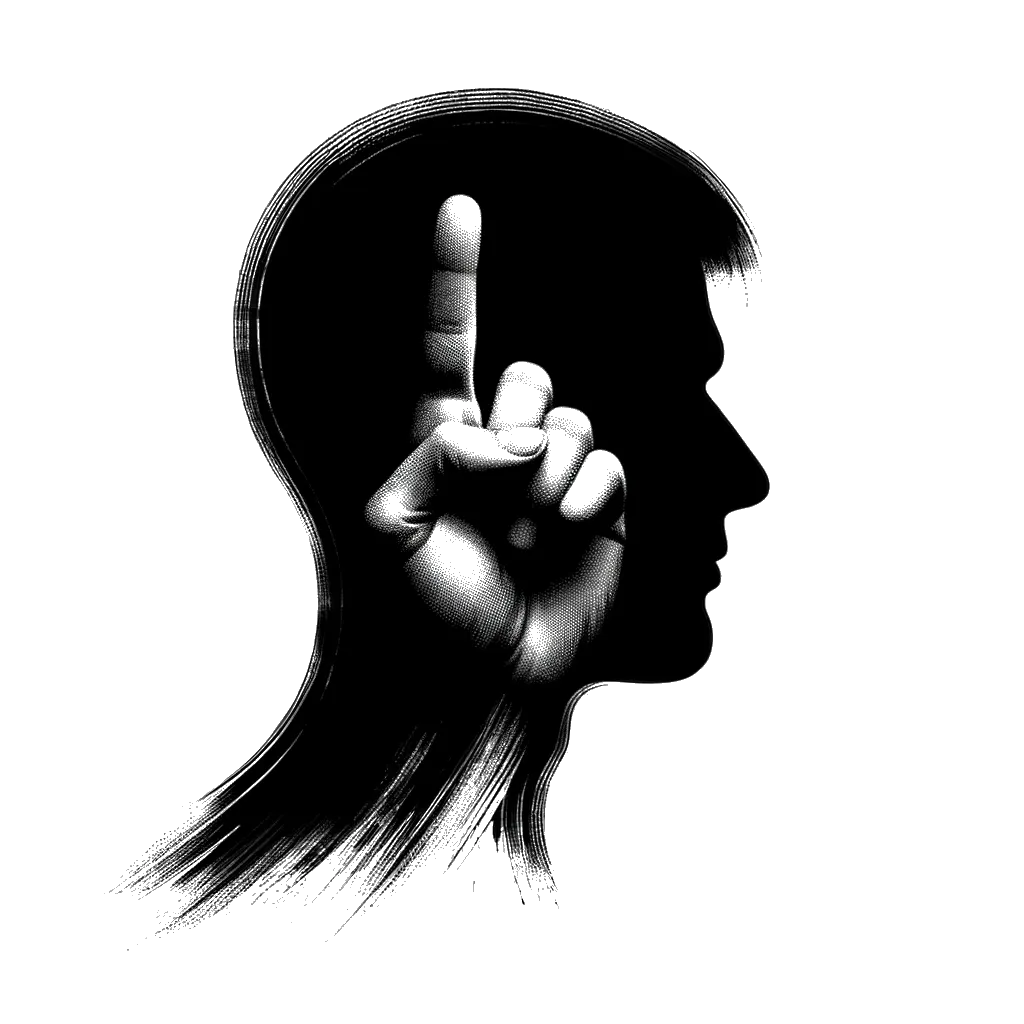 un dibujo de una persona con el pulgar y el índice apoyados en la cabeza para simbolizar la conciencia representando el tema de Conciencia en blanco y negro.