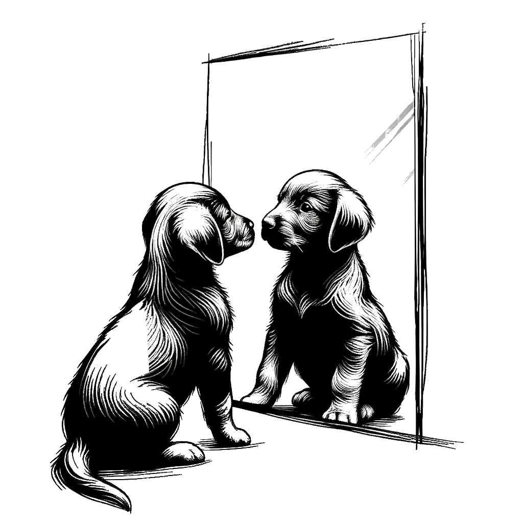 un dibujo de un cachorro mirándose en el espejo representando el tema de Conciencia de sí Mismo en blanco y negro.