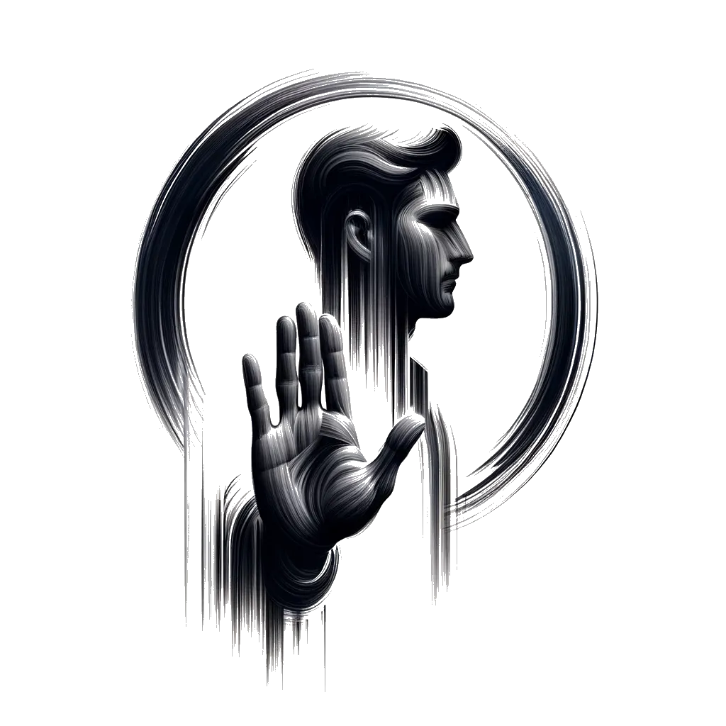 un dibujo de un hombre occidental extendiendo la mano para decir que no representando el tema de Condena en blanco y negro.
