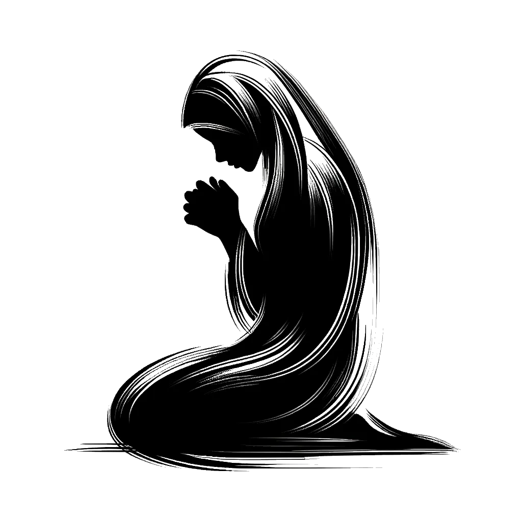 un dibujo de una mujer velada de rodillas orando representando el tema de Confesión en blanco y negro.