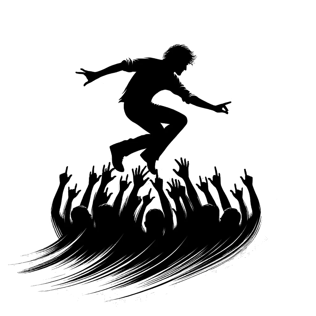 un dibujo de un cantante de rock masculino haciendo crowd surfing representando el tema de Confianza en blanco y negro.
