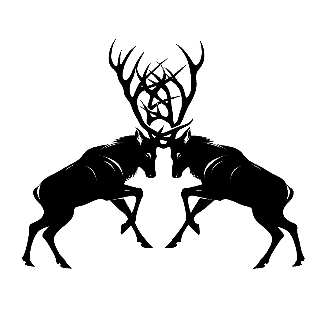 un dibujo de dos ciervos con cuernos enredados representando el tema de Conflicto en blanco y negro.